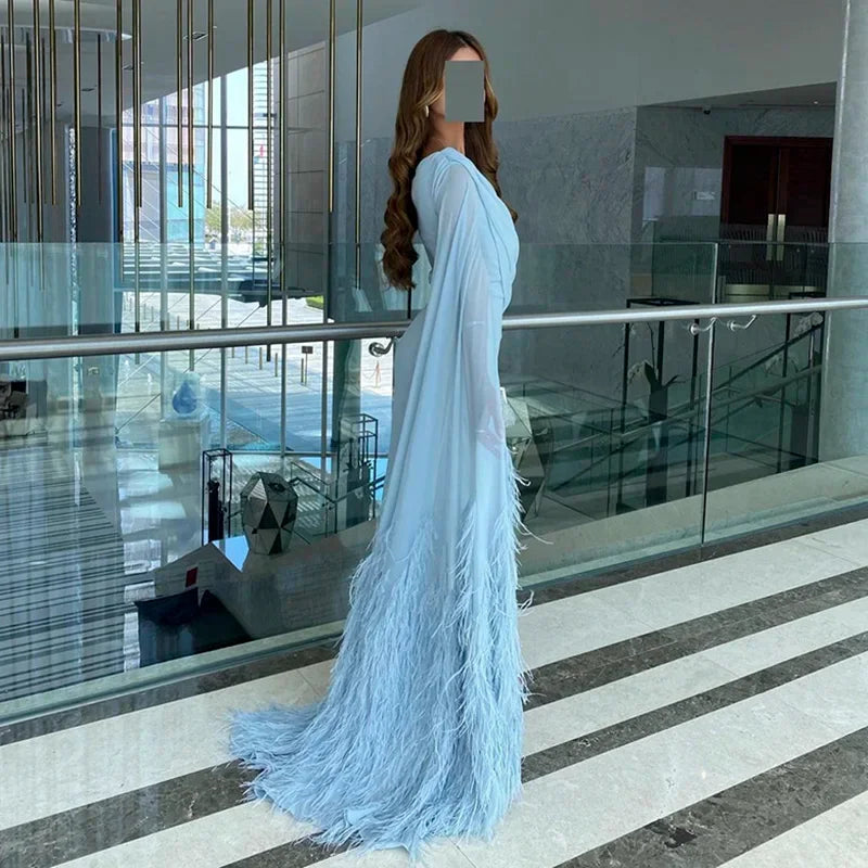 Sharon Said Elegant Light Blue Evening Dresses for Wedding with Feathers Cape Luxury Dubai Formal Party Dress SF289 Customized