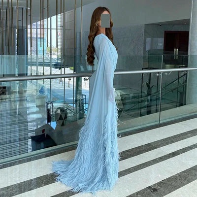 Sharon Said Elegant Light Blue Evening Dresses for Wedding with Feathers Cape Luxury Dubai Formal Party Dress SF289 Customized