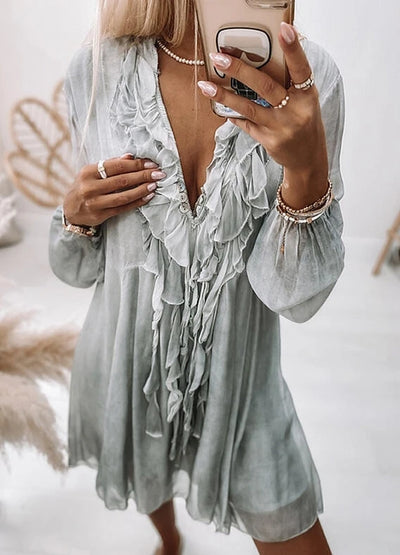 Summer Beach Dresses for Women Chiffon Ruffles Tassel Tie Up Lantern Sleeve Sexy V-Neck Loose Fit Holiday Party Dres Vestidos