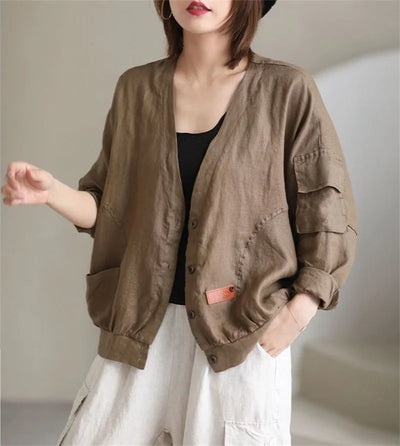 Fashion Cotton Linen Short Jacket For Women Spring Autumn New  Retro Loose V-Neck Thin Casual Top Coat Sunscreen Clothing