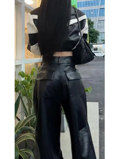 Fashionable Wide Leg Pants for Spring and Autumn Women's New High Waisted Straight Leg Loose Floor Length Casual Leather Pants