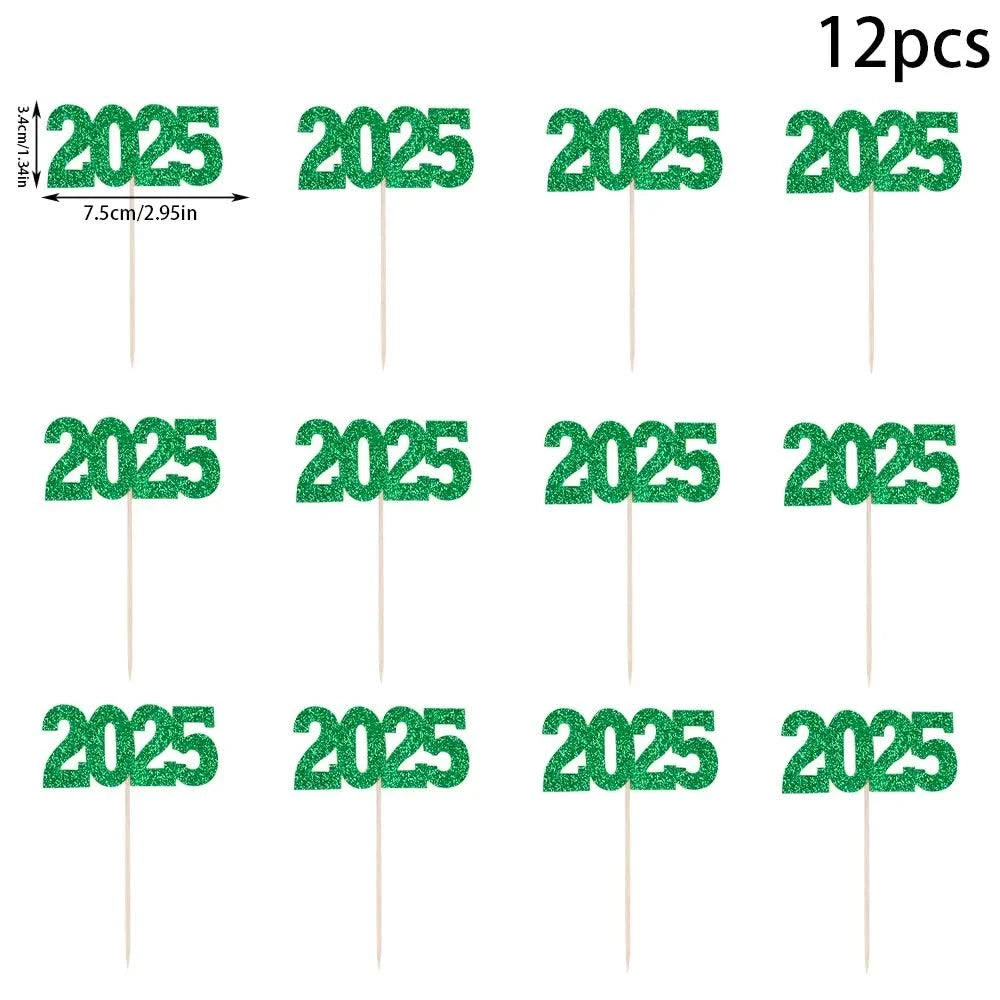 12pc Glitter 2025 Number Cupcake Toppers Happy New Year Party Cake Decoration Christmas Graduation Party Cake Toppers Home Items