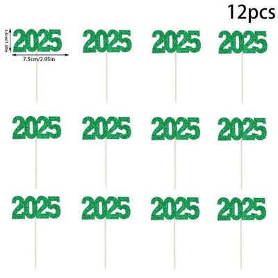 12pc Glitter 2025 Number Cupcake Toppers Happy New Year Party Cake Decoration Christmas Graduation Party Cake Toppers Home Items