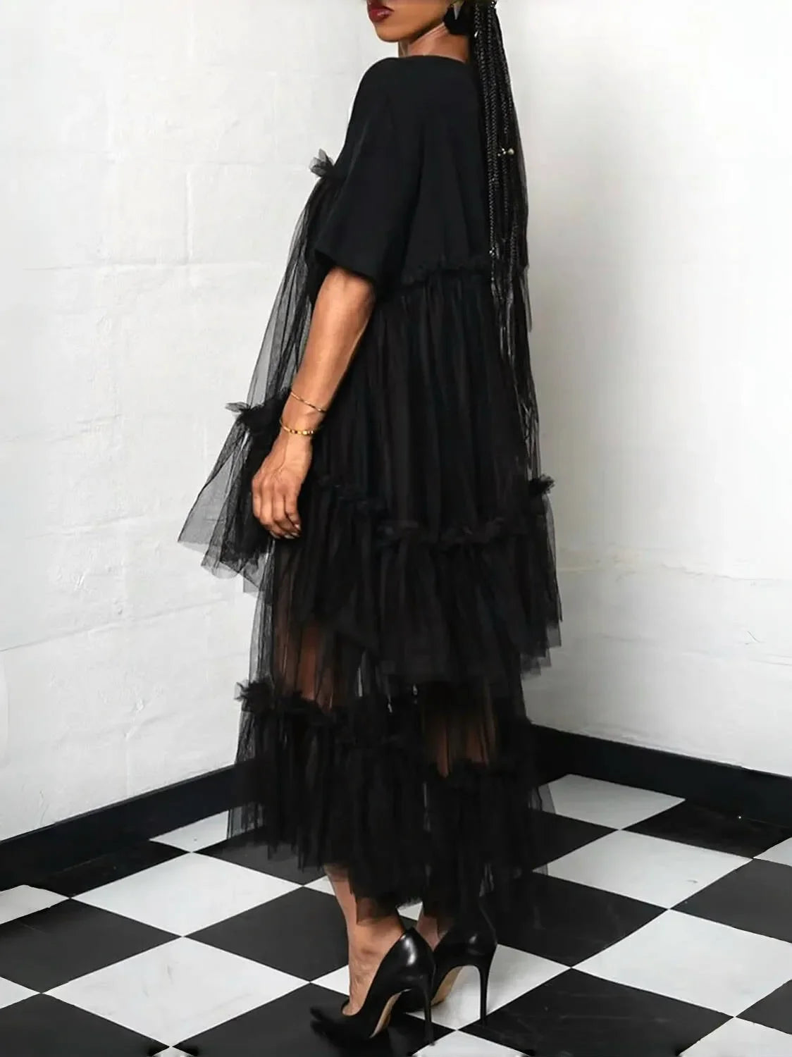 Women's Ruffle Tulle Dresses Round Neck Short Sleeve Sheer See Through Pleated A-Line Y2K High Street Casual Summer Dresses 2025