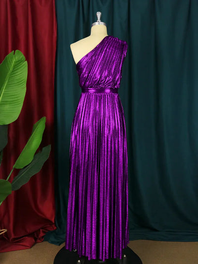 Elegant Women Even Dresses Luxury Maxi Long Metallic Pleated Dress One Shoulder Sleeveless Premium Shiny Shimmer Gowns Big Size