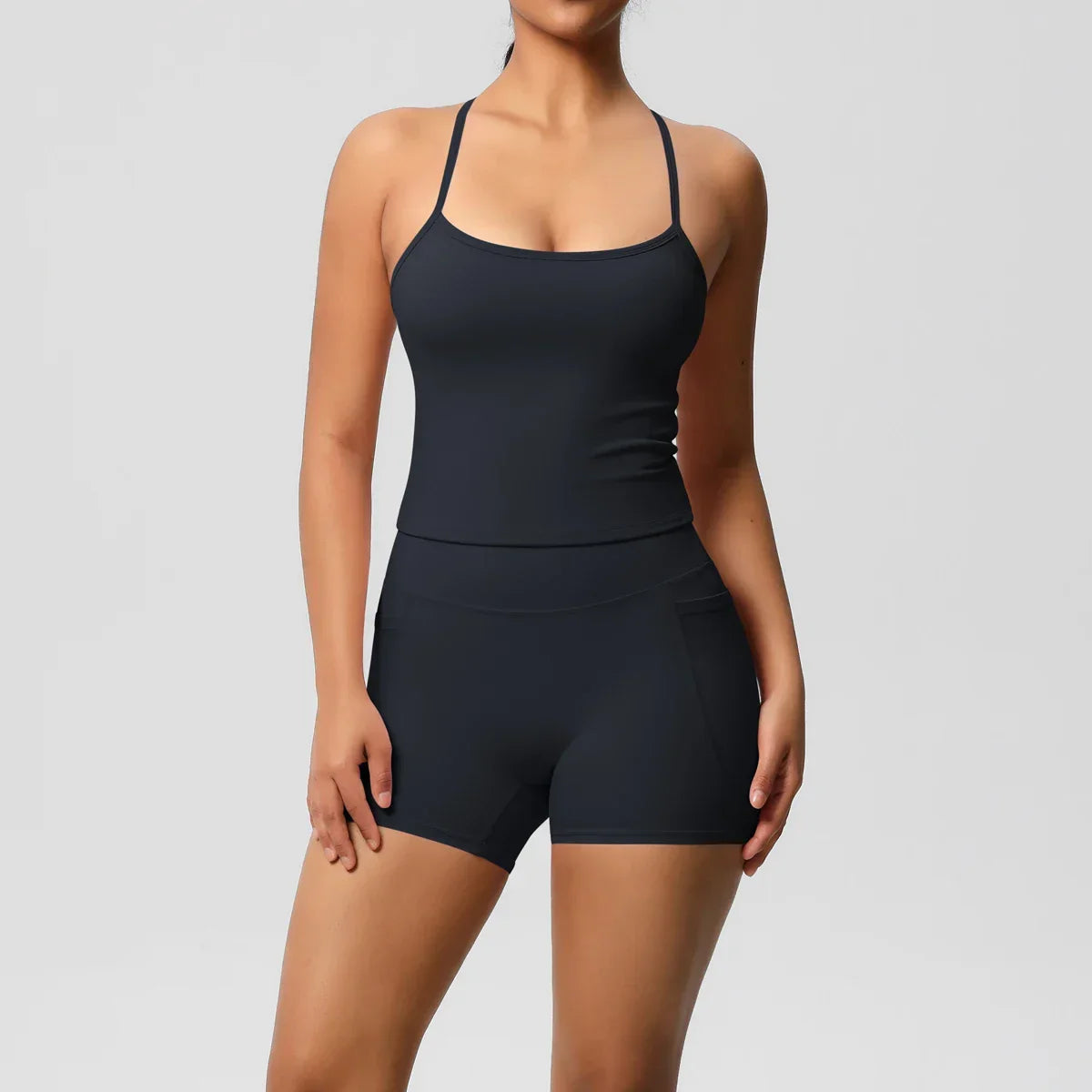 2PCS Sportswear With Pocketed Yoga Set Gym Clothes Yoga Suits For Women Tracksuits Sports Shorts Crossover Bra Gym Leggings