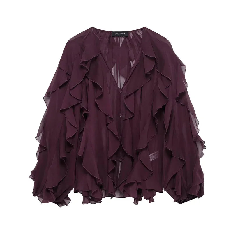 Ruffles Elegant Shirts & Blouses for Women 2025 Long Sleeve Semi-Transparent Tops For Women Spring Shirt And Blouse Top