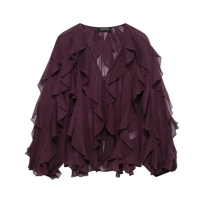 Ruffles Elegant Shirts & Blouses for Women 2025 Long Sleeve Semi-Transparent Tops For Women Spring Shirt And Blouse Top