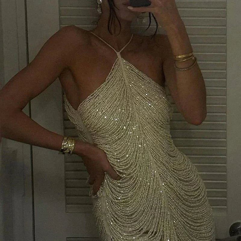 Summer Elegant Temperament Women Prom Gown Fashion Solid Tassels Suspender Dresses Sexy Hollow Out Sleeveless Party Mini Dresses