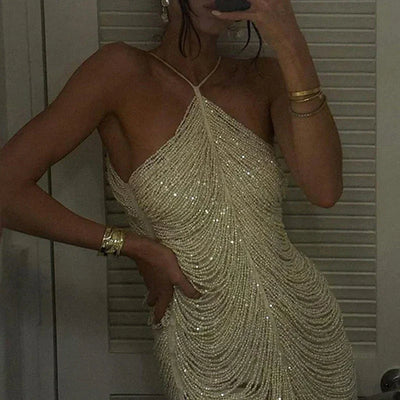 Summer Elegant Temperament Women Prom Gown Fashion Solid Tassels Suspender Dresses Sexy Hollow Out Sleeveless Party Mini Dresses