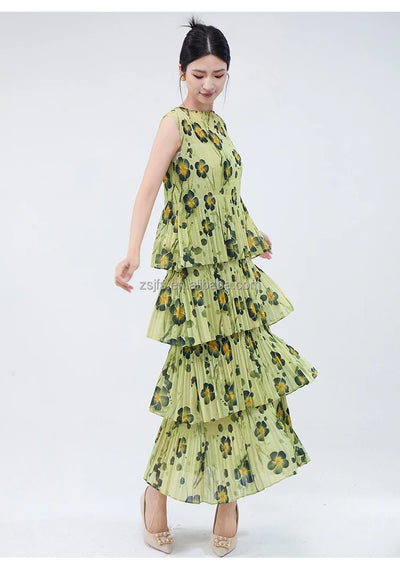 Women Dresses For Summer 2025 Miyake Pleated Dress Summer Fashion Holiday Style Printed Stretch Cake Dress