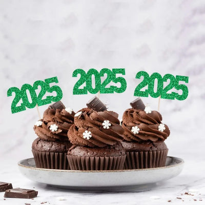 12pc Glitter 2025 Number Cupcake Toppers Happy New Year Party Cake Decoration Christmas Graduation Party Cake Toppers Home Items