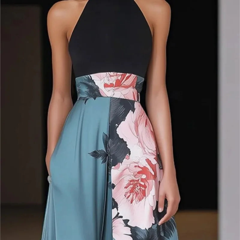 Summer Women Elegant  Print Dress Casual Fashion Round Neck Sleeveless Beach Vacation Dresses