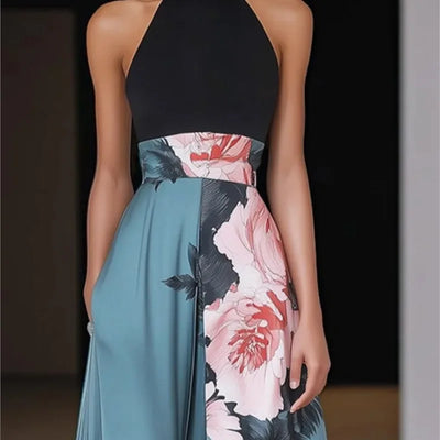 Summer Women Elegant  Print Dress Casual Fashion Round Neck Sleeveless Beach Vacation Dresses