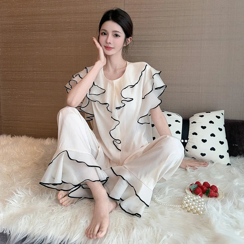 Women Ruffles Pajamas Lounge Set Short Sleeve Top  Pants Loungewear 2 Piece Sleepwear
