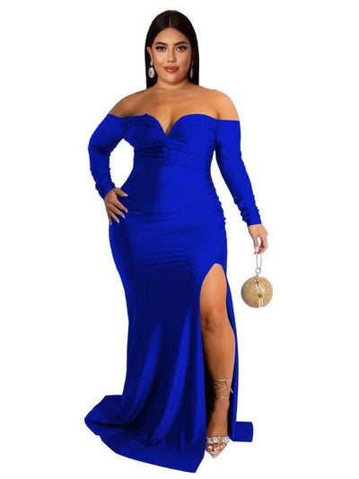 Wmstar Plus Size Party Dresses for Women Off Shoulder V Neck Slip Hem Elegant Full Length Maxi Dress Wholesale Dropshipping 2022