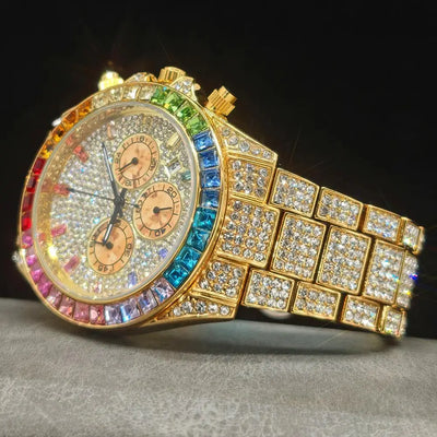 2025 Top Luxury Watch For Men Fashion Ice Diamond Hip Hop Rainbow Diamond Multifunction Man Quartz Wristwatch Gift Dropshipping