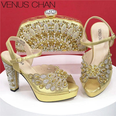 Embroidery Italian Design Pointed-Toe High-heeled Shoes and Bags Set for Women