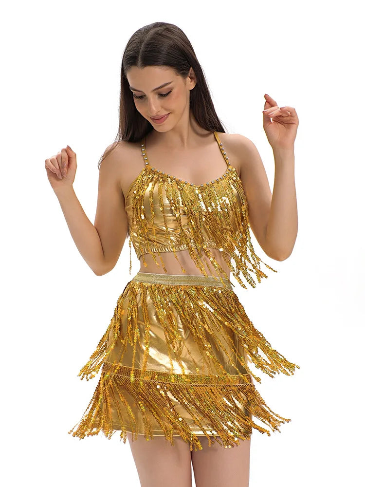 Adult Women Latin Dance Dress Halter Crop Top Glitter Fringe Half Skirt Stage Costume Sexy Gold Sliver Black Red