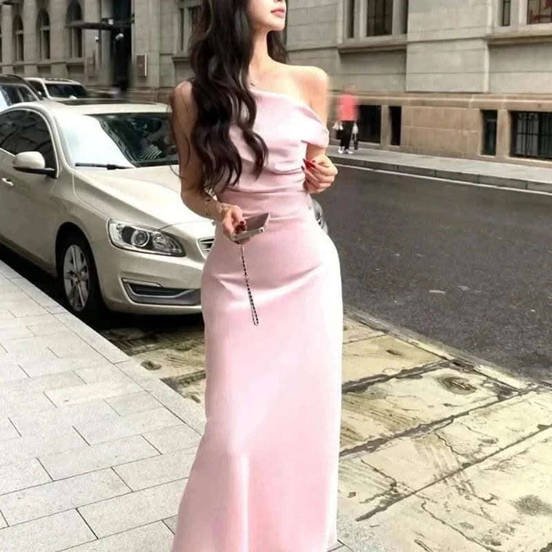 Satin Sexy Off Shoulder Dress Women Pink Skinny Elegant Soft Dress Classic Fashion Party Evening Gown Sleeveless Lady Vestidos