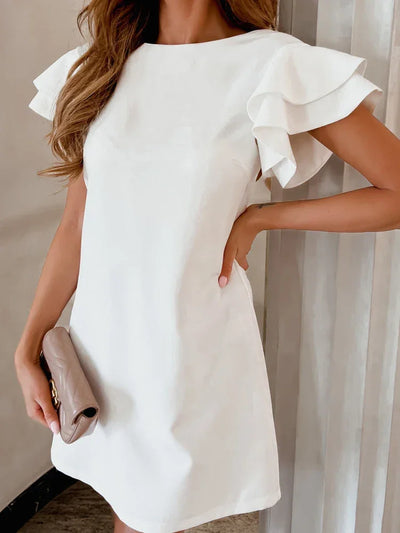 Women Ruffle Short Sleeve Mini Party Dress Summer Female Slim Backless Tshirt Dresses HY-W220217