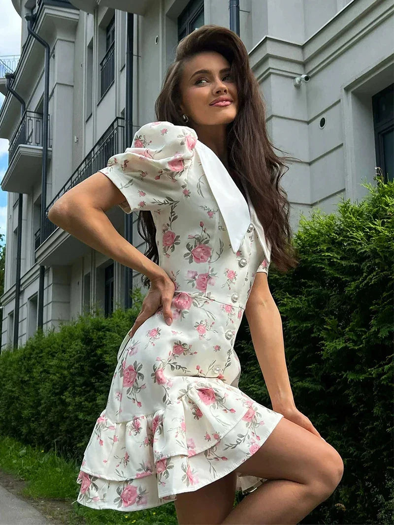 Floral Ruffles Women Dress French V Neck Puff Sleeve Summer Slim Sweet Mini Dress Fresh Chic High Waist A Line Elegant New Dress