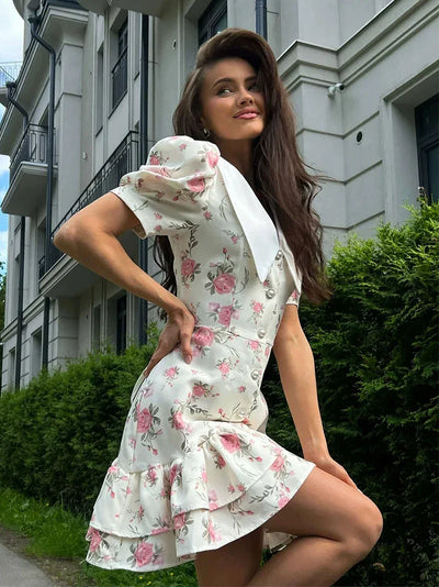 Floral Ruffles Women Dress French V Neck Puff Sleeve Summer Slim Sweet Mini Dress Fresh Chic High Waist A Line Elegant New Dress