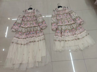 QMQA Fashion Women's Embroidery Dresses Round Neck High Waist Bow Mesh Spliced Long Sleeve Elegant Dress Female 2024 1A102