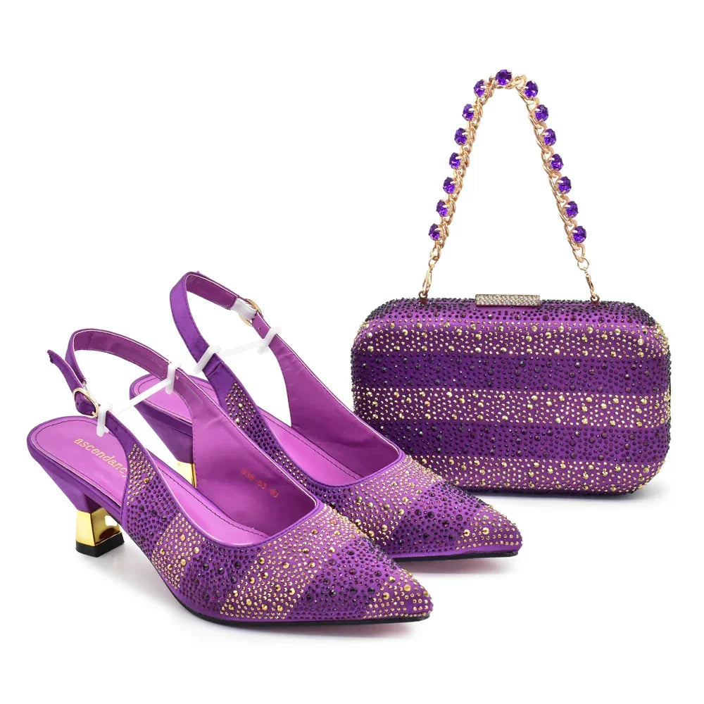 African Shoe and Bags Set for Wedding Women Shoes and Bags To Match Set with Rhinestone Italy Lady Pumps Women Shoes Luxury