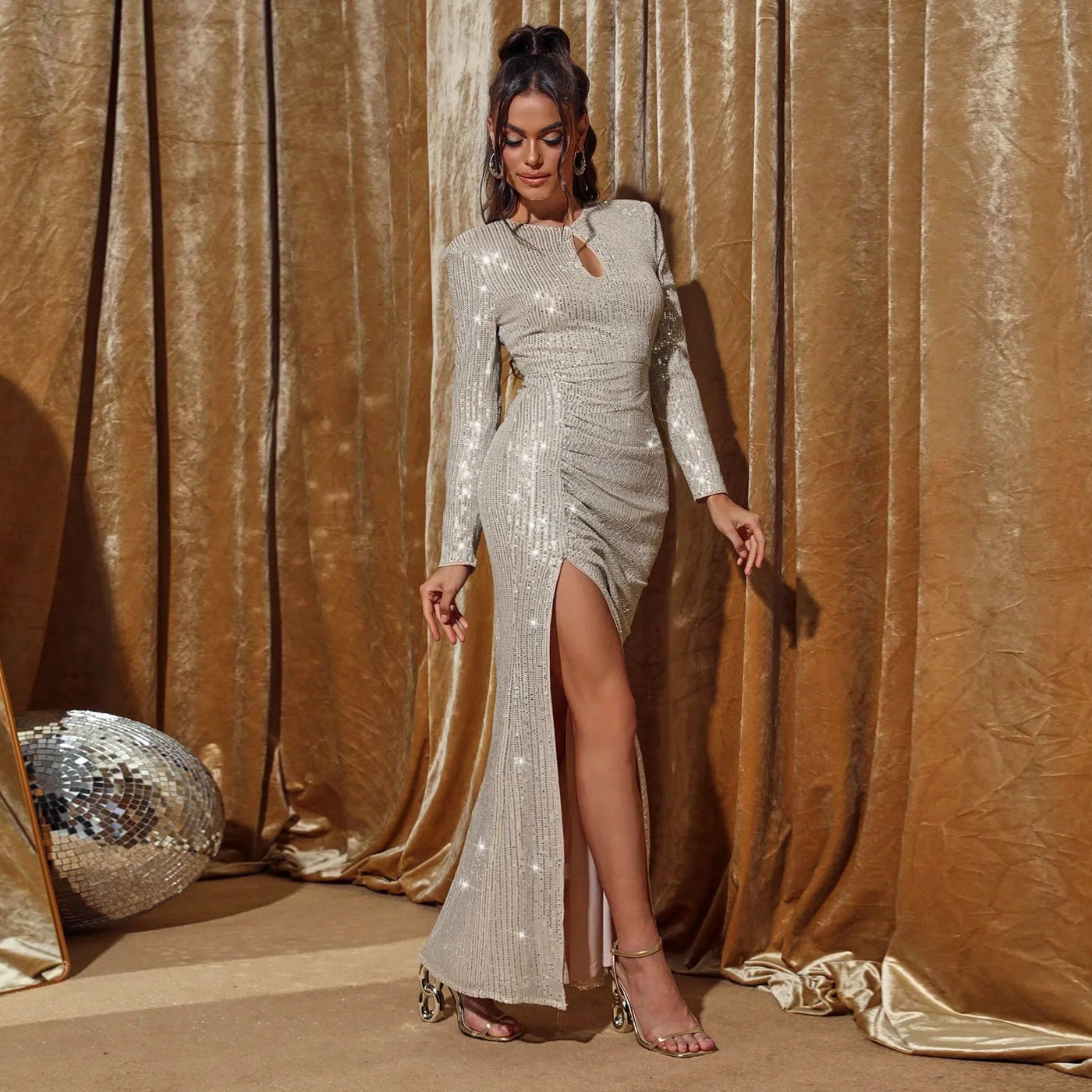 Party Dress Women Sexy Sheath Long Sleeve Dresses Sequins Maxi Female Evening Dresses Slim Hip Package Lady Club Robes