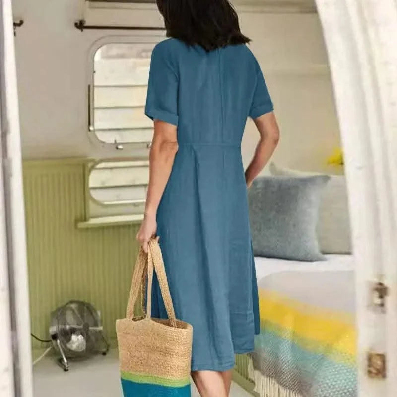 Women's Summer Casual Cotton Linen Midi Dress White  Loose Elegant Green Dresses Vestidos Платье С Декольте Jupe Longue Femme