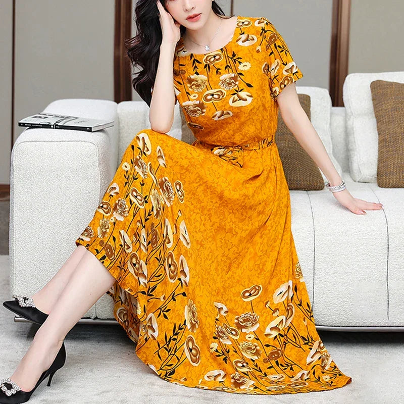 New Fashion 2024 Print Summer Dresses For Women Short Sleeve O-Neck Elegant Summer Dress Woman Clothing