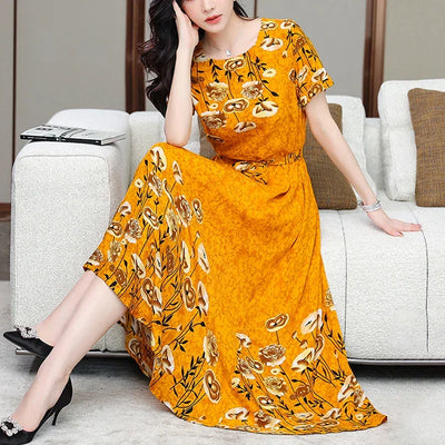 New Fashion 2024 Print Summer Dresses For Women Short Sleeve O-Neck Elegant Summer Dress Woman Clothing