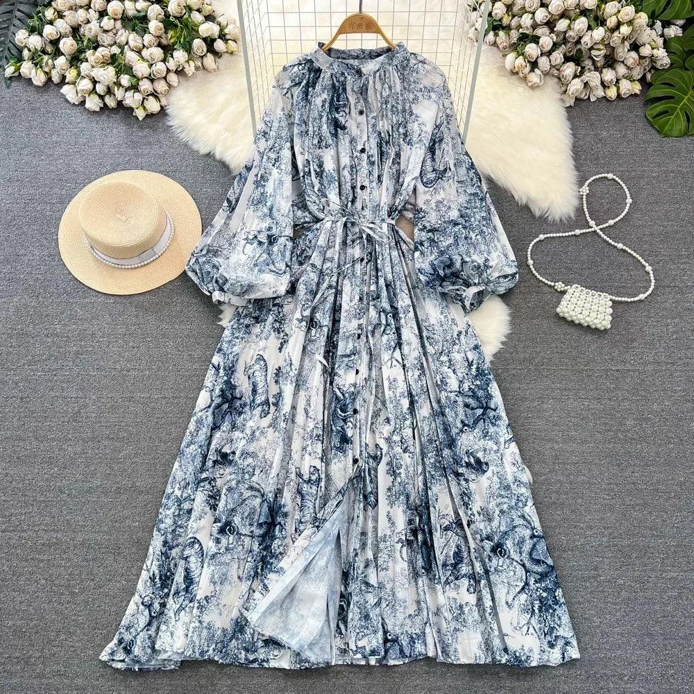 Retro Elegant Sashes O Neck Single Breasted Print Dresses Long Lantern Sleeves A-line Casual High Waist Women Autumn Clothing