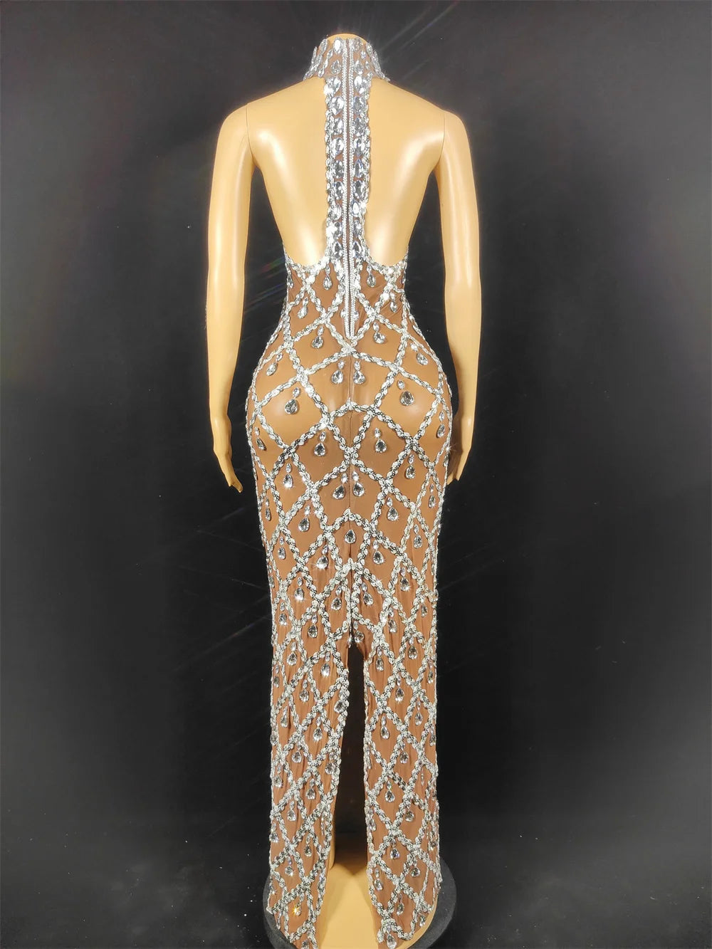 Women Sexy Stage Shining Rhinestone Sequins Dress Evening Prom Birthday Dress Transparent Performance Singer Club Host Dress