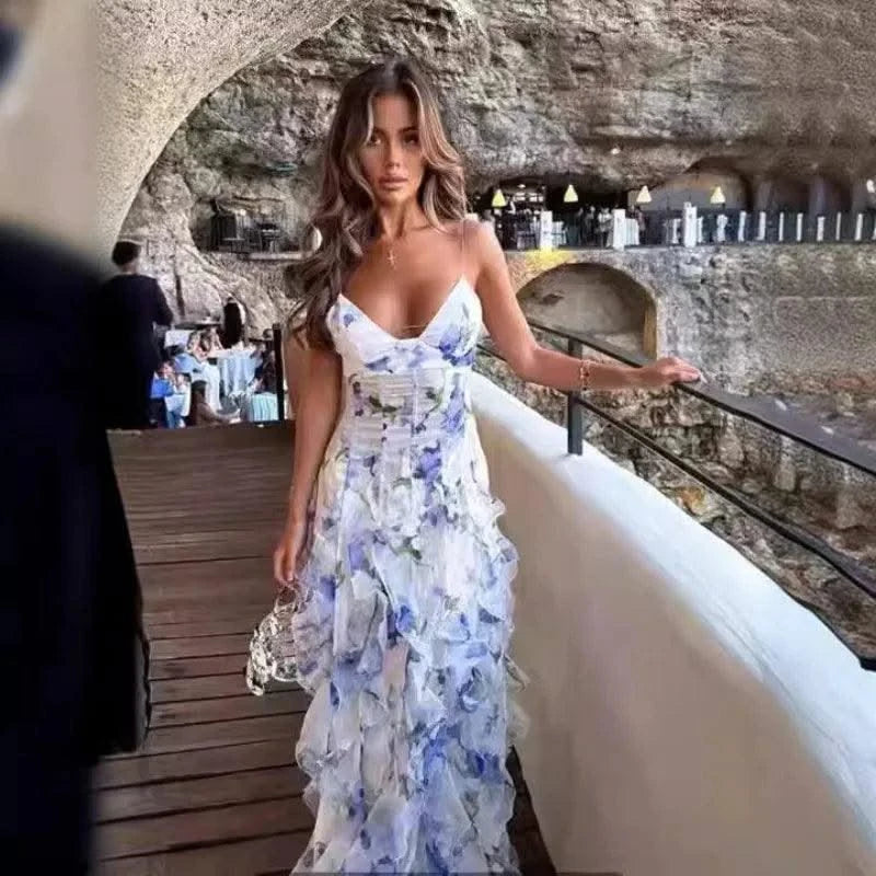 Summer Women Floral Print Party Dress Elegant New Fashion Strap V Neck High Waist Halter Corset Ruffle Evening Long Dress Robe