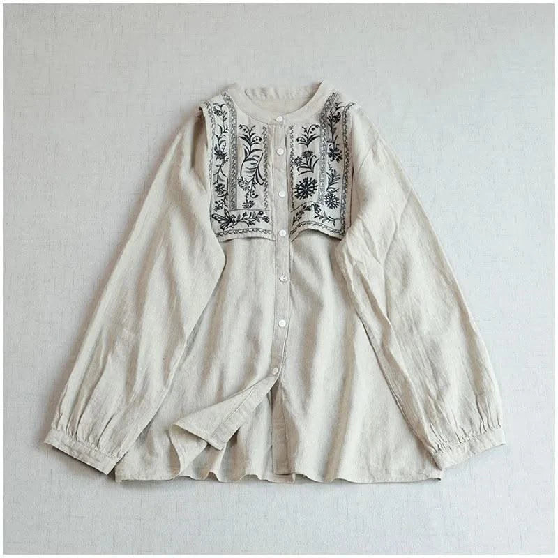 Cotton Linen Floral Embroidery Blouses Shirts For Women Tops Loose Oversize Lantern Long Sleeve Casual Boho Beach Summer Blusas