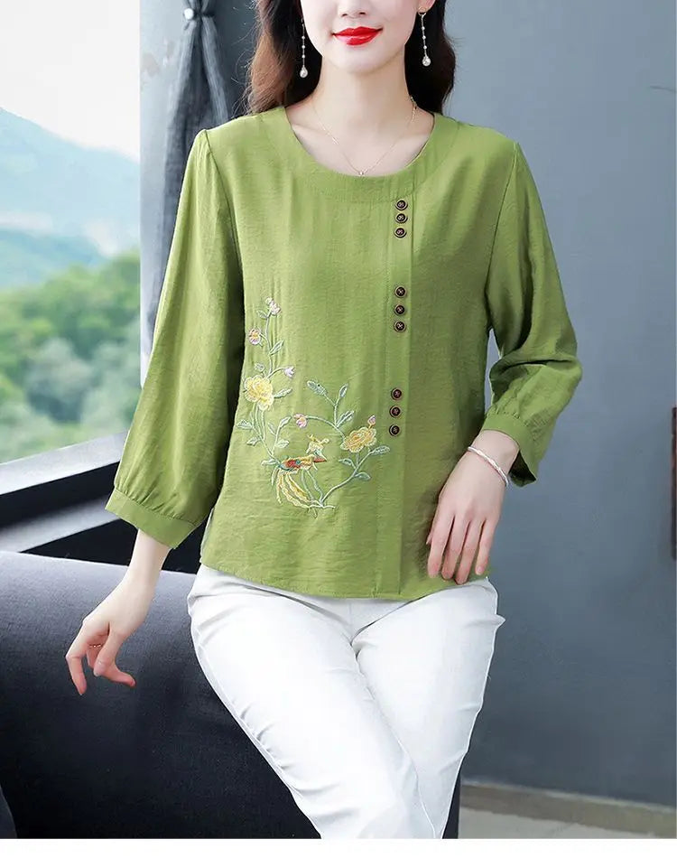 Summer Cotton Linen Embroidery Loose Casual Blouse Lady 3/4 Sleeve Vintage All-match Top Women Fashion Oversized Elegant Shirt
