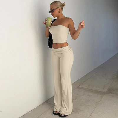 Women's Clothing 2025 Spring Fashion New Item Solid Color Strapless Top Flared Pants Fashionable Slim Fit Sports Suit for Women