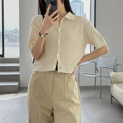 Women's Shirt Knit Solid-colored Short-sleeved Sweaters Tops All-match Pullovers T-shirt Polo-neck Crop Tops Girl's Tees Summer