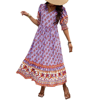 dresses for women Fashion summer Casual long dresses Bohemian V-Neck Printed High Waisted Big Swing Dress vestidos cortos