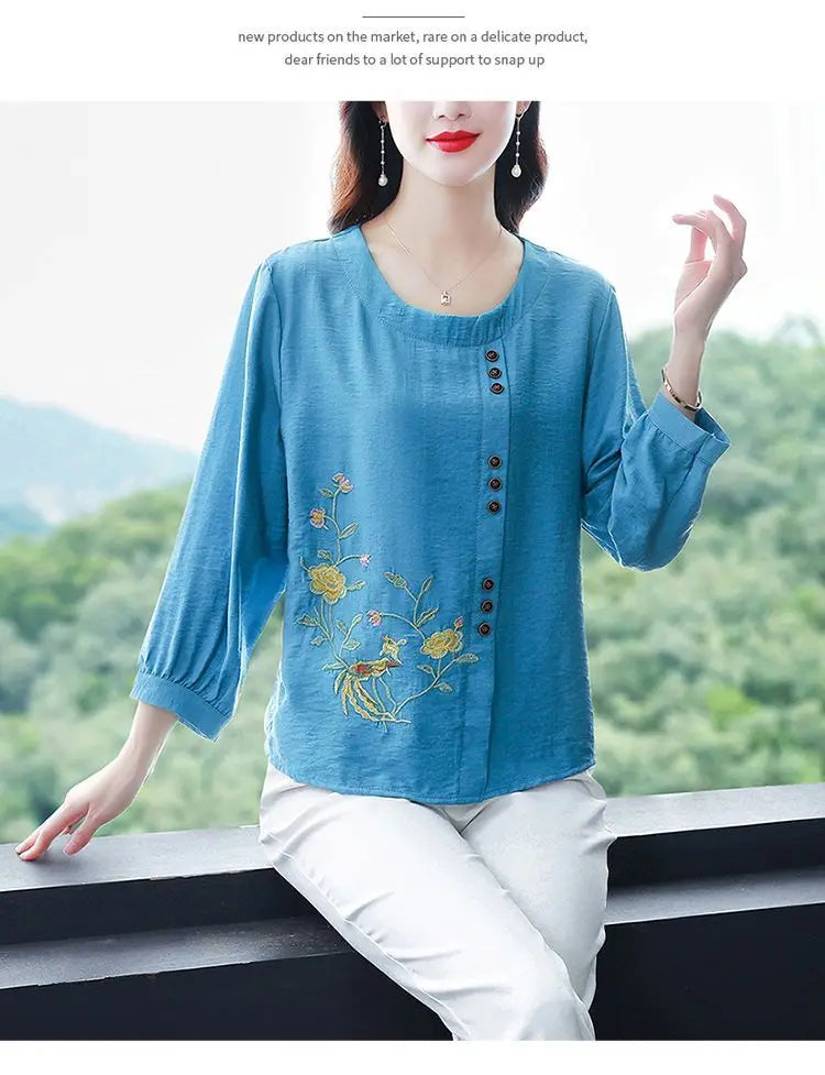 Summer Cotton Linen Embroidery Loose Casual Blouse Lady 3/4 Sleeve Vintage All-match Top Women Fashion Oversized Elegant Shirt