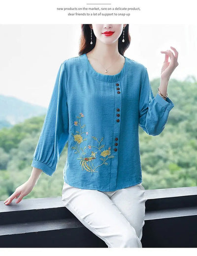 Summer Cotton Linen Embroidery Loose Casual Blouse Lady 3/4 Sleeve Vintage All-match Top Women Fashion Oversized Elegant Shirt