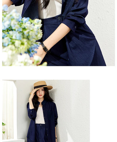 VIMLY Navy Blue Denim Suit Women's 2025 Autumn Outfits Vintage Lace Polo Collar Shirt Wide Legs Pants Ladies 2 Piece Sets A2526