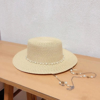 New Women Summer Hats Straw Sun Hat Panama Elegant Straw Fedoras Lady Girl Outdoor Vacation with Pearl Chain Sunshade Beach Hat