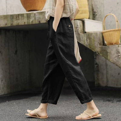 Women Solid Cotton Linen Pants Casual Baggy Elastic Waist Cropped Trousers Basic Wide Leg Linen Pants Pantalones De Mujer