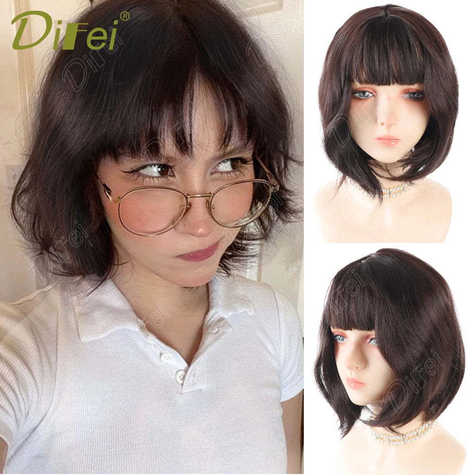 DIFEI Slightly Curly Short Synthetic Wig For Women Fresh Natural Short Wig With Straight Bangs Suitable For Daily Wear
