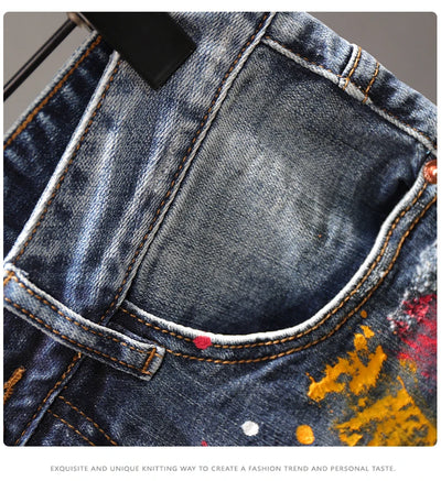 Men Fashion Denim Shorts Jeans New Summer Male Blue Ripped Jeans Shorts High Quality Man Paint Splash Technology Denim Shorts