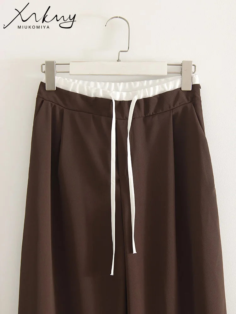 Wide Leg Pants For Women Straight Autumn Coffee Tie Up Casual Trousers Women Gray Loose Pants Ladies Black Trousers Office