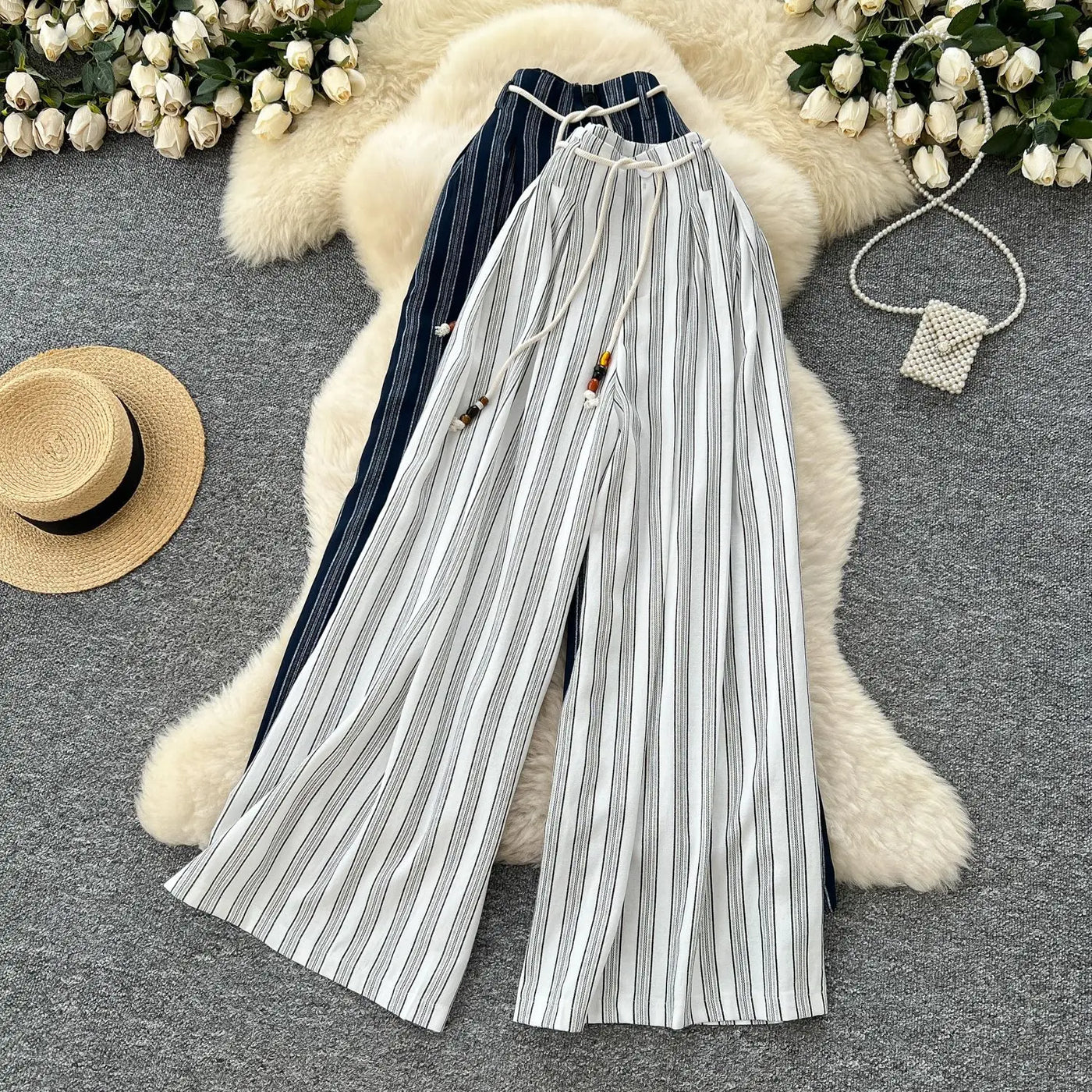 Pant Women Wide Leg Long Pants Striped Casual Loose High Waist Straight Trousers Y2k Streetwear Elegant Splice Work 2025 Capris